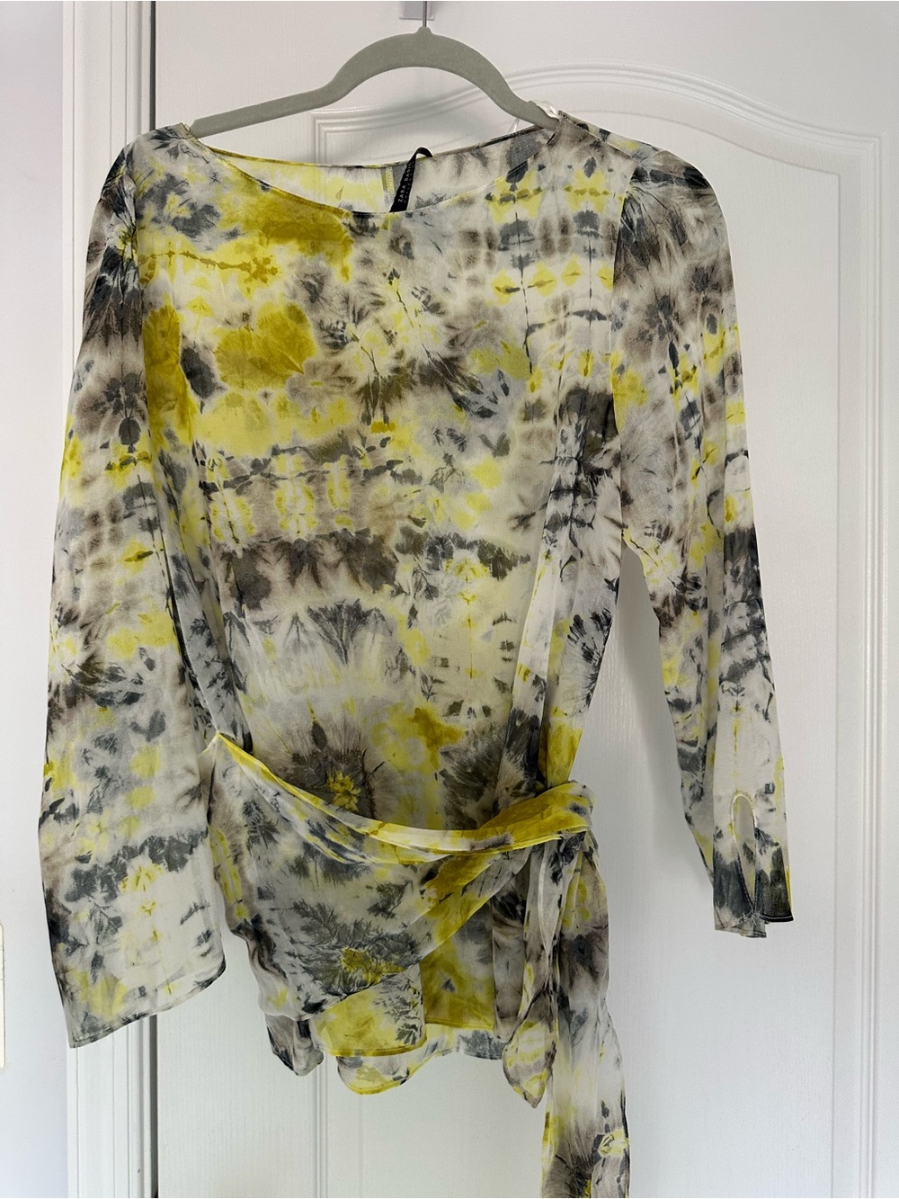 Zara Yellow Gray White Tie-Waist Sheer Blouse